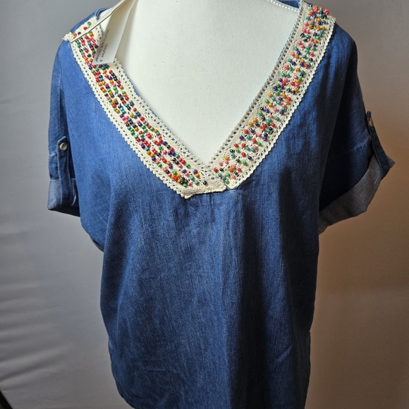 Life in Progress Blue Blouse with Colorful Embroidery - Picture 1 of 7